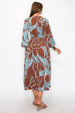 Leaf Print Long Sleeve Maxi Dress in Brown