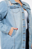 Curvy Size Button Front Distressed Denim Jacket