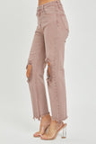 Distressed High Rise Straight Jeans in Mauve