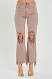 Distressed High Rise Straight Jeans in Mauve