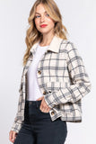 Faux Fur Collared Plaid Shacket in Ivory