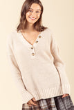 V-neck Button Up Comfy Waffle Knit Top in Oatmeal