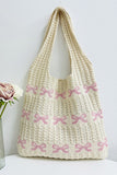 Ribbon Bow Pattern Knitted Woven Crochet Tote Bag
