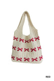 Ribbon Bow Pattern Knitted Woven Crochet Tote Bag
