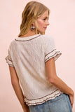Floral Eyelet Ruffled Contrast Thread Sleeves Top