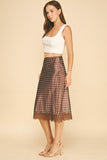 Satin Polka Dot Front Slit Lace Hem Midi Skirt