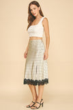 Satin Polka Dot Front Slit Lace Hem Midi Skirt