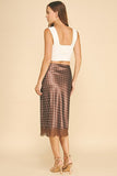 Satin Polka Dot Front Slit Lace Hem Midi Skirt