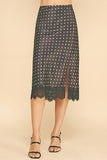 Satin Polka Dot Front Slit Lace Hem Midi Skirt