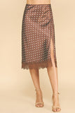 Satin Polka Dot Front Slit Lace Hem Midi Skirt