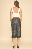 Satin Polka Dot Front Slit Lace Hem Midi Skirt