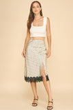 Satin Polka Dot Front Slit Lace Hem Midi Skirt