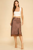 Satin Polka Dot Front Slit Lace Hem Midi Skirt