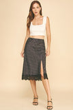 Satin Polka Dot Front Slit Lace Hem Midi Skirt