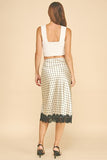 Satin Polka Dot Front Slit Lace Hem Midi Skirt