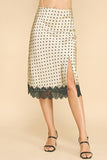 Satin Polka Dot Front Slit Lace Hem Midi Skirt