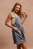 Flower Print Washed Denim Wide Leg Shortalls