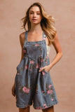 Flower Print Washed Denim Wide Leg Shortalls