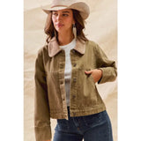 Washed Twill Denim Jacket With Corduroy Collar