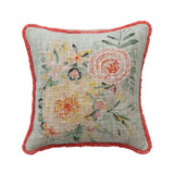 Cotton Slub Pillow W Flowers, Embroidery & Fringe