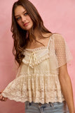 Bohemian Lace Trim Mesh Dot Blouse