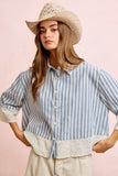 Eyelet Lace Hem Quarter Sleeves Stripes Shirt Top