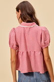 Check Front Button Short Puff Sleeves Blouse Top