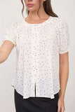 Pin Tuck Polka Dot Button Down Puff Sleeve Top