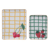 Enameled Metal Trays W Grid Pattern & Gold Edges