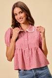 Check Front Button Short Puff Sleeves Blouse Top