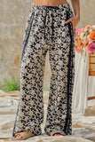 Floral Jacquard Side Lace Trim Elastic Pants