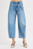 Pleated Cropped Barrel Leg Jeans