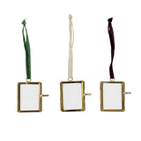 Brass & Glass Photo Frame Ornament W Velvet Ribbon Hanger, 3 Styles