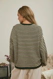 Button Henley Stripe Long Sleeve Drop Shoulder Sweater