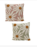 Two floral-patterned cushions with brown centers on a white background