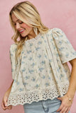 Floral Print Lace Trim Blouse