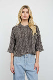 Washed Mock Neck Cable Knit Sweater
