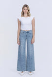 High Rise Medium Light Floral Print Wide Leg Jeans