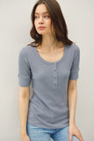 Classic Ribbed Cotton Short Slv Henley Neck Top