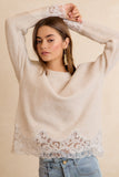 Crew Neck Sweater with Lace Trim