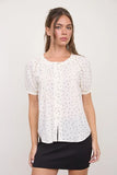 Pin Tuck Polka Dot Button Down Puff Sleeve Top