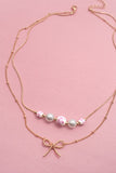 Pink Ceramic Porcelain Pearl Bow Layer Necklace