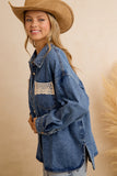 Lace Trim Washed Denim Shacket
