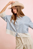 Eyelet Lace Hem Quarter Sleeves Stripes Shirt Top