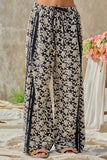 Floral Jacquard Side Lace Trim Elastic Pants