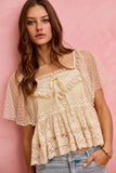 Bohemian Lace Trim Mesh Dot Blouse