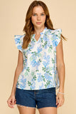 Blue Floral Print Blouse With Ruffle Cap Sleeves