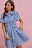 Gingham Button Collared Smock Bodice Mini Dress