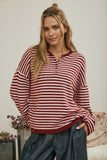 Button Henley Stripe Long Sleeve Drop Shoulder Sweater