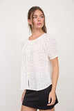 Pin Tuck Polka Dot Button Down Puff Sleeve Top